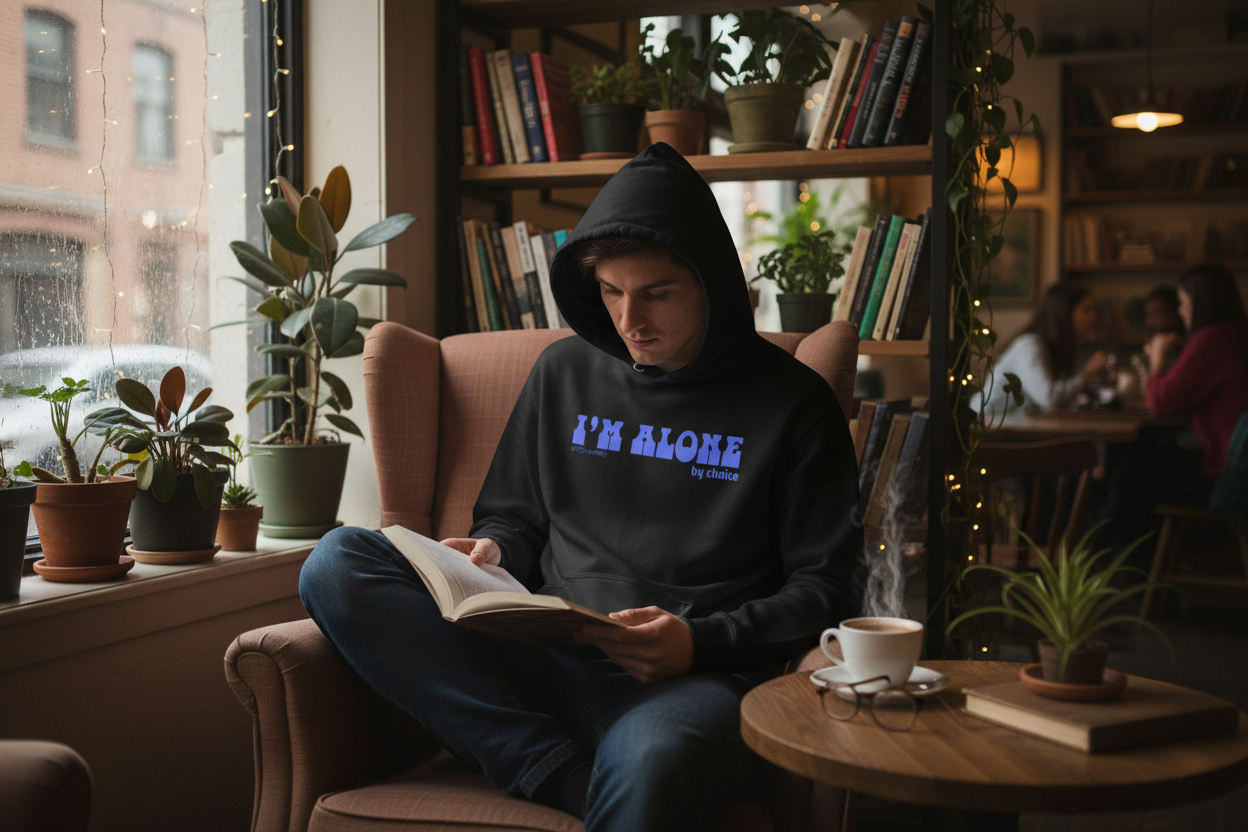 Person wearing a hoodie with 'I'm Alone' text, sitting in a cozy cafe reading a book.