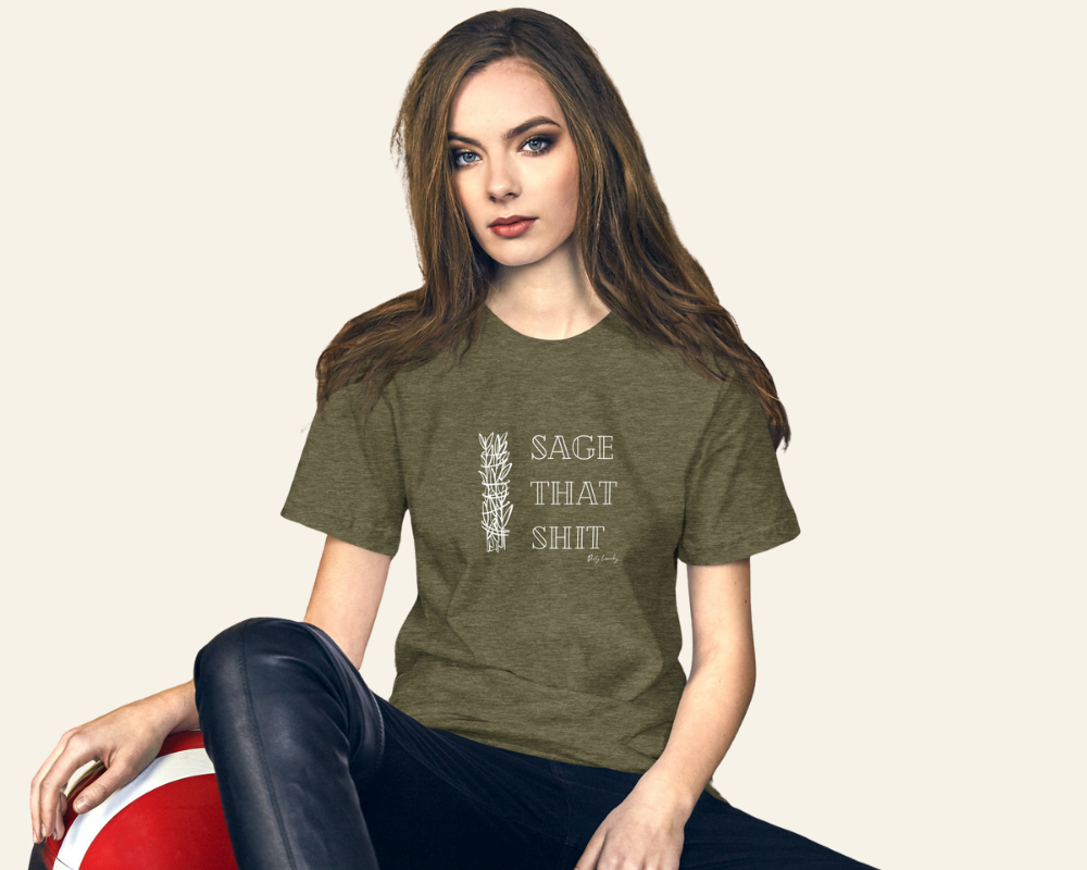 Woman wearing a green t-shirt with text, sitting on a red and white object.