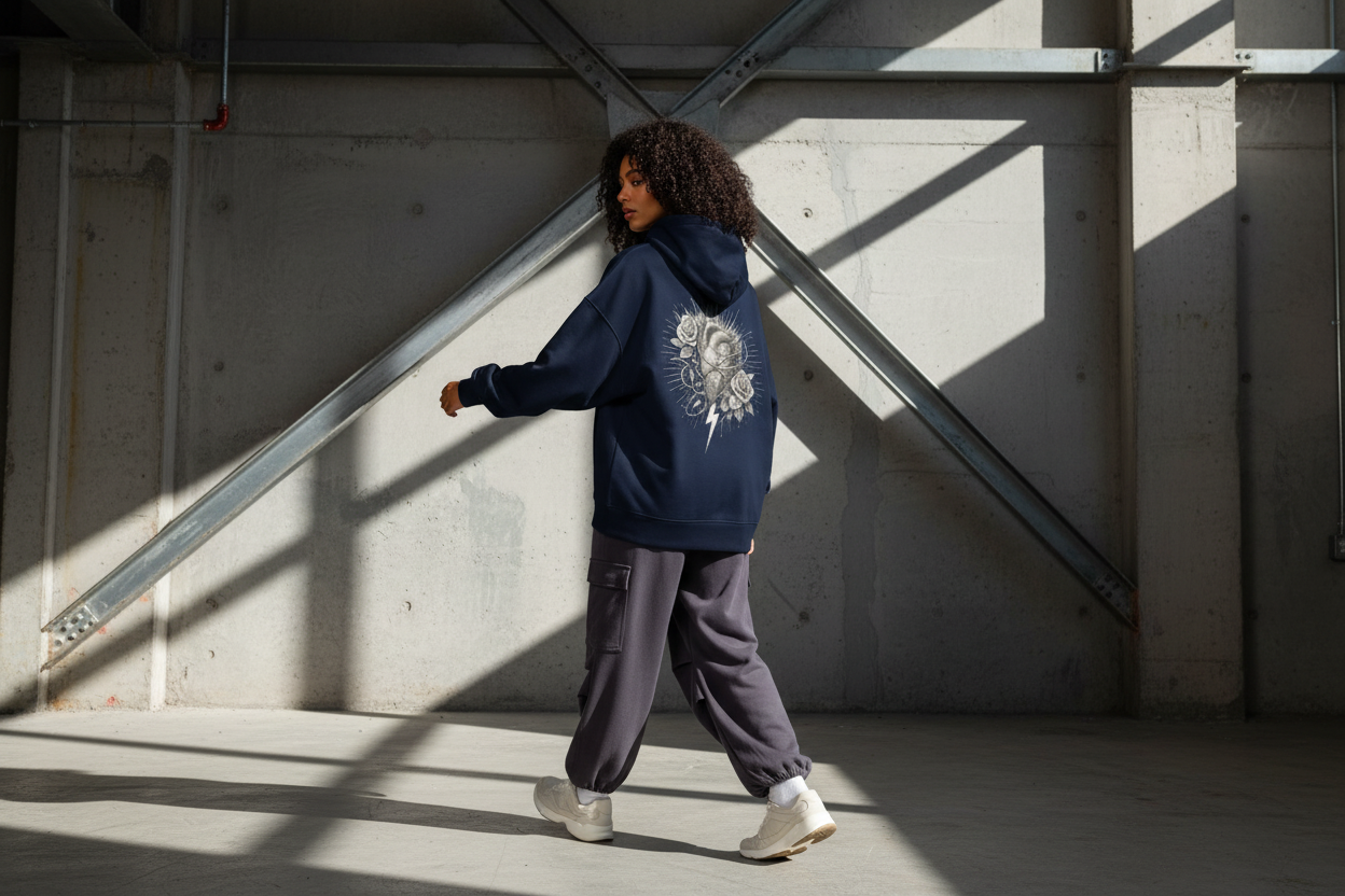 The Power Move Navy Hoodie Back - Virgil Abloh Style Mockup